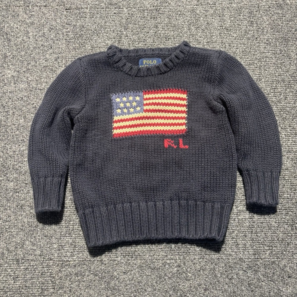 Polo Ralph Lauren Iconic Cotton American Flag Sweater RL Size 2T Navy Blue